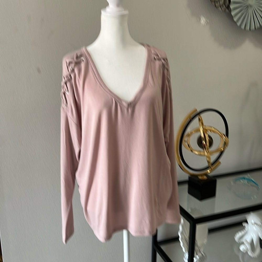 Express Pink Long Sleeve V-Neck Lace Up Shoulder Top. Size M
